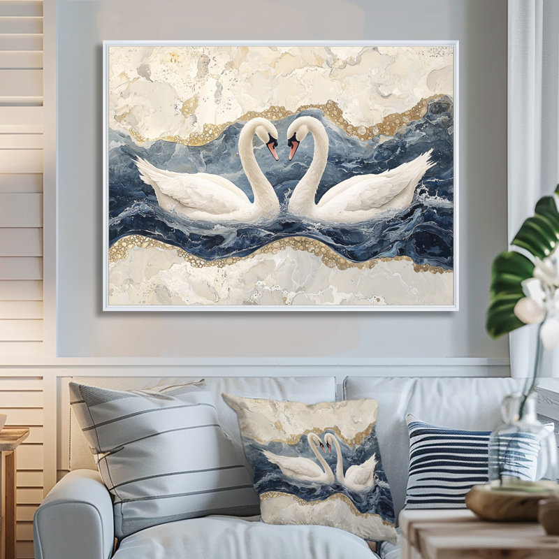 Art mural en marbre de la danse du cygne IV - cygnes, H 12 po x l 20 po, Impression encadrée flottante, Blanc