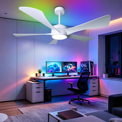 52" Modern Ceiling Fan with LED Light, RGB Color Changing, Remote & APP Control, White/Black
