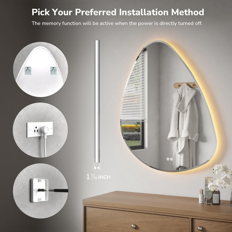 Miroir de salle de bain asymétrique à DEL 38 po x 48 po, miroir de courtoisie rétroéclairé avec antibuée et éclairage à intensité variable en 3 couleurs