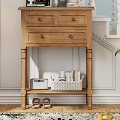31" H Narrow Console Sofa Table with 3 Drawers and Shelf, Solid Wood Frame