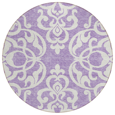 8' Purple Round Damask Washable Indoor Outdoor Area Rug