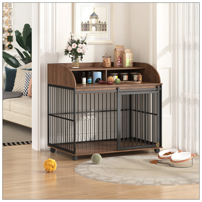 Meuble pour chien en bois robuste de 44 pouces avec roues verrouillables et rangement double couche, idéal pour les chiens de taille moyenne à grande