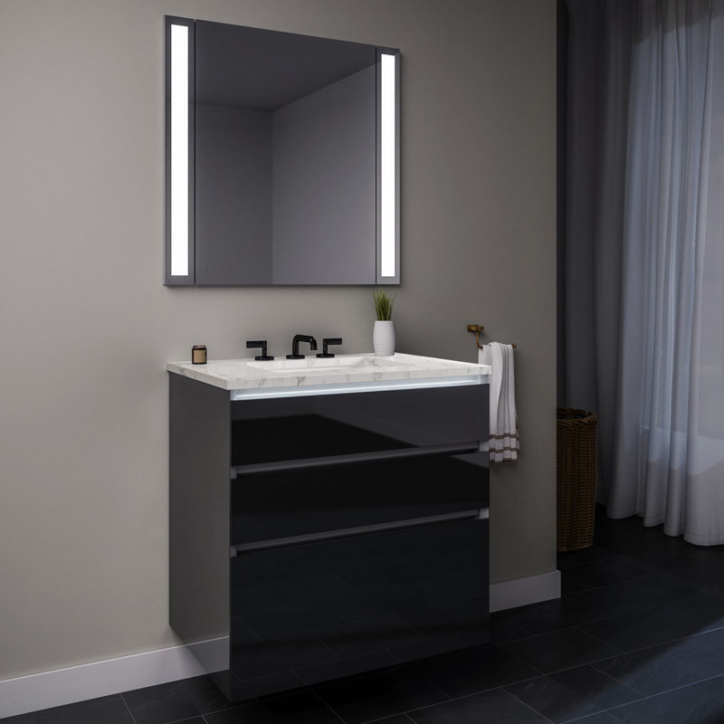 Curated Cartesian 25" Wall-Mounted Bathroom Vanity Set, Silestone Lyra, Gray Mirror, 37"