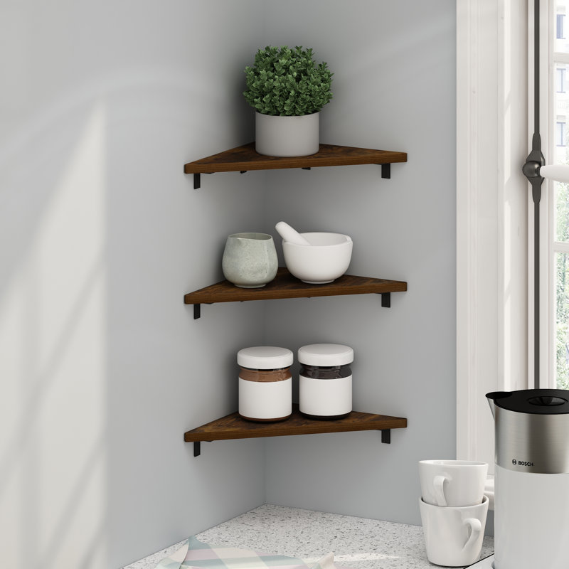 Furinno Rossi Triangle Corner Floating Shelves, Wall Mount Display Shelf, Set of 3, Amber Pine
