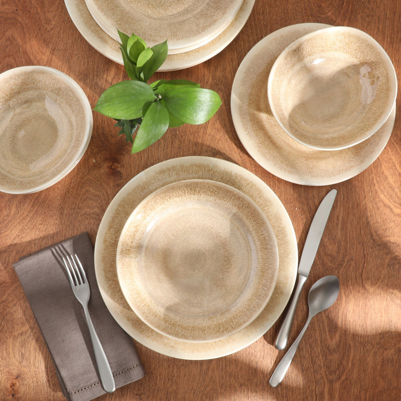 Gibson Home Casper Court 16-Piece Melamine Dinnerware Set –  Reactive Glaze Look - Service for 4 - Beige, Beige