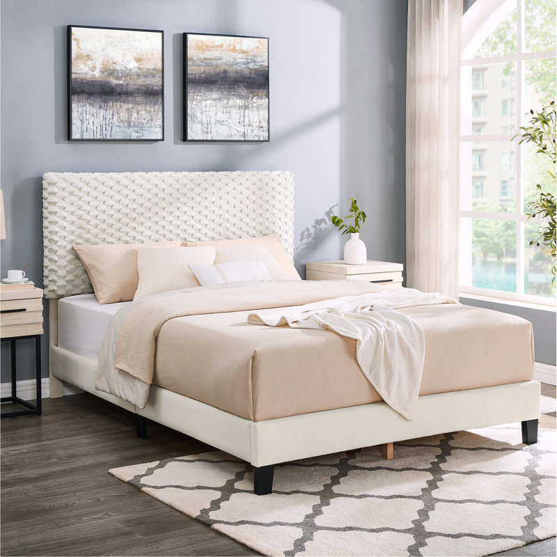 Lit plateforme tapissier Findlay Plush 3D colombe blanche, Lit double 