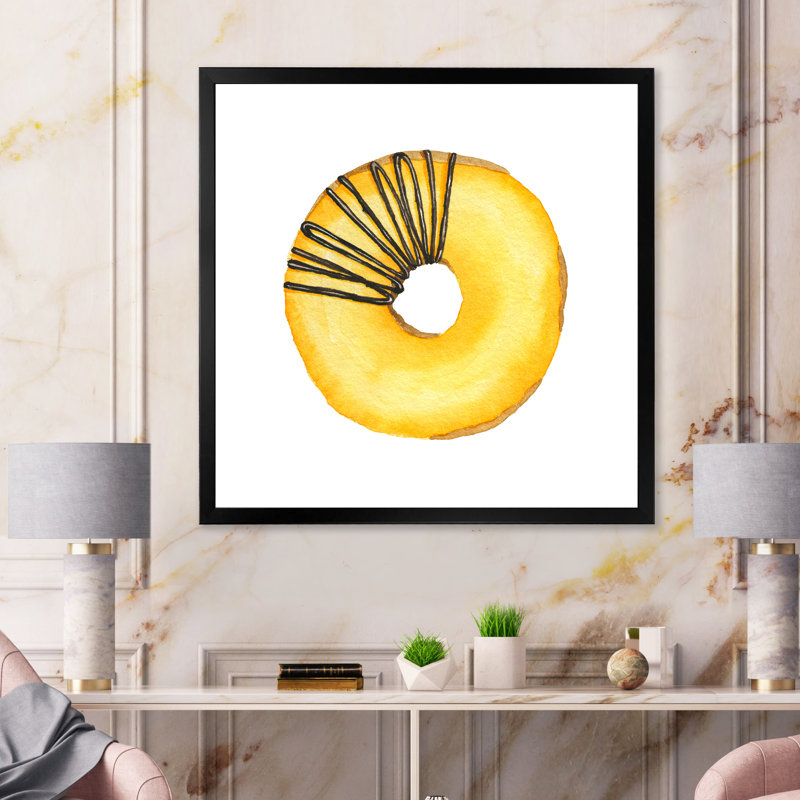 Donut jaune avec chocolat - peinture sur toile, H 17,5 po x l 17,5 po x P 1 po, Cadre noir