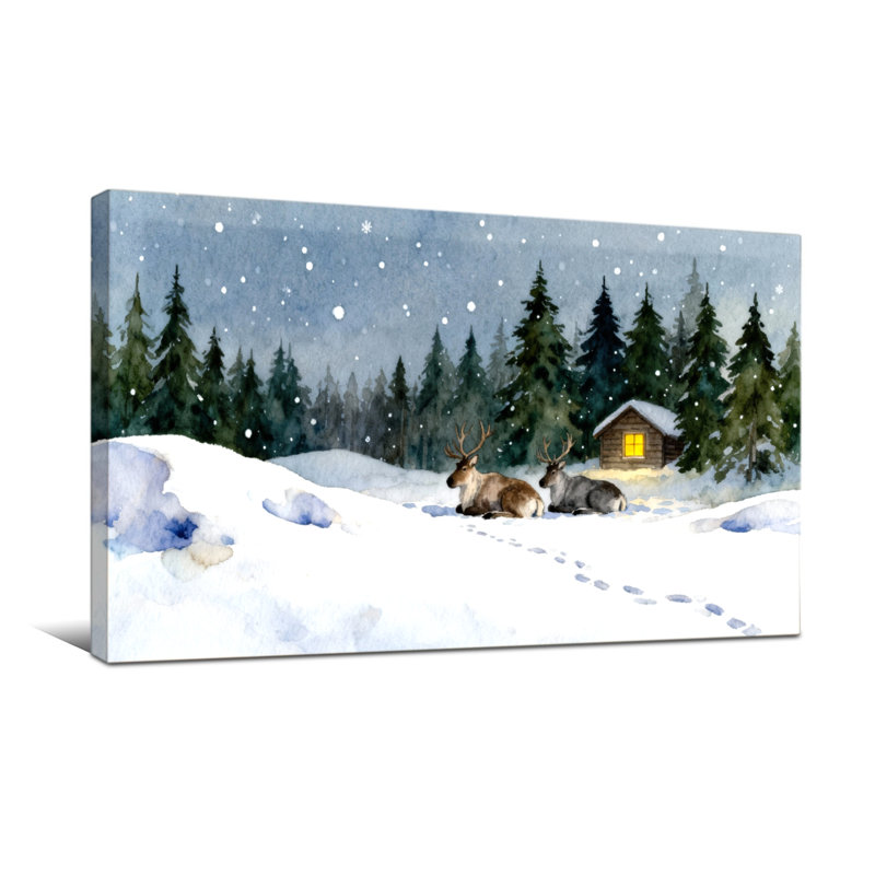Christmas Winter Forest Deer Cabin Snowfall Scene, 16" H x 32" W