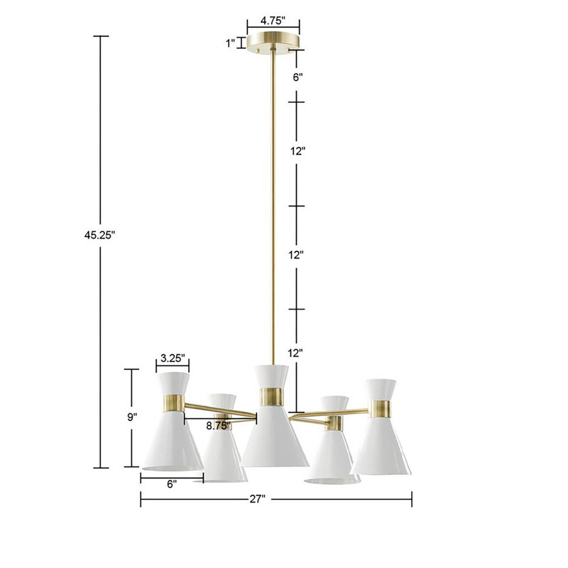 Ezra Mid-Century 5-Light Chandelier in Antique Brass with White Shades