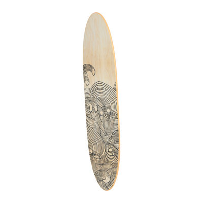 Coastal Decorative Surfboard Wall Decor for Living Room; Contemporary Wave Design Overlaid On Light Wood