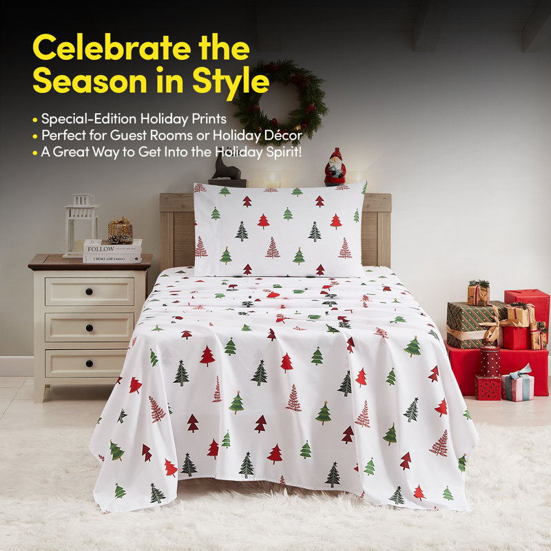 Printed Holiday 3Pc Sheet Sets, Easy Care, Soft & Wrinkle-Resistant Holiday Bedding - Holly Trees, Twin