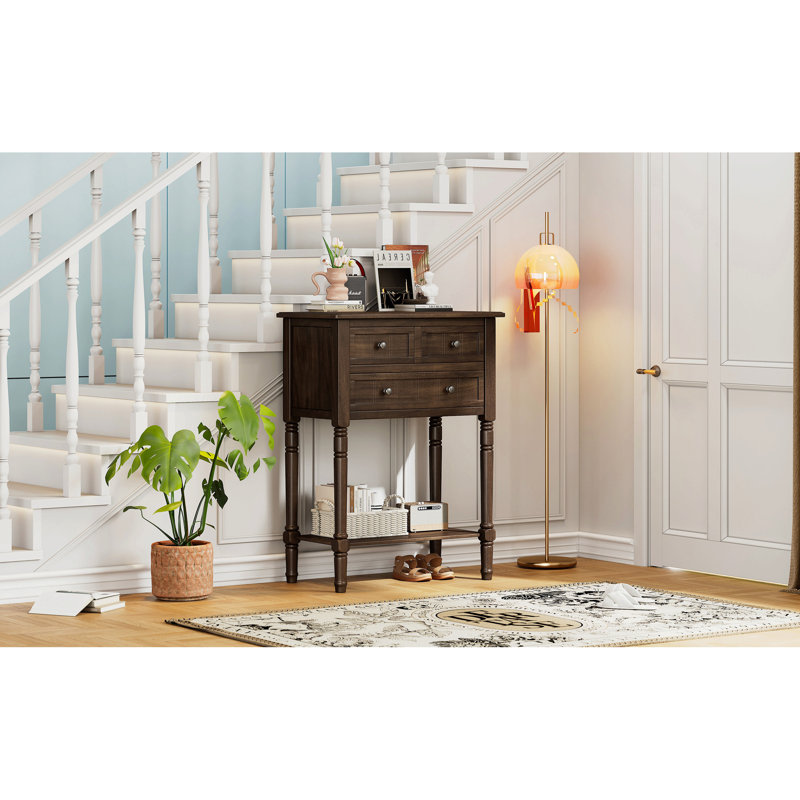 Console étroite, canapé mince avec trois tiroirs de rangement et tablette inférieure, Brun, Brun, Brun