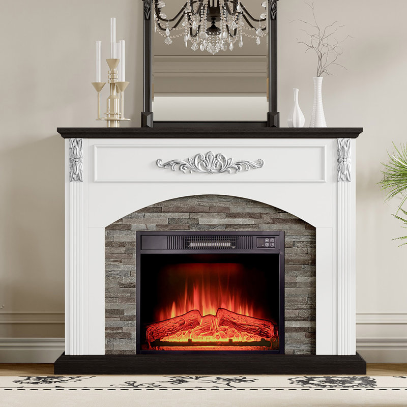 44" Farmhouse Electric Fireplace With Heater Insert & Mantel - Rustic For Living Room, White