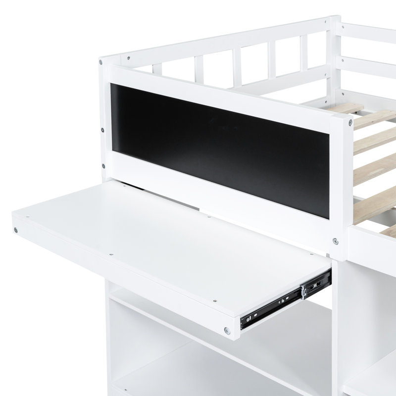 Lit mezzanine bas blanc simple avec bureau roulant, tablette et tiroirs - Bois massif fonctionnel et solide pour un look de chambre à coucher élégant
