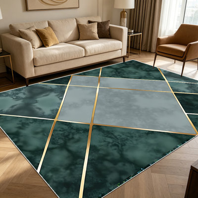 1PC Dark Green Marble Gold Geometric Line area rugs for Living Room, Soft and Comfortable, Suitable for all seasons, easy-to-maintain, machine washable Indoor floor mat, Under Table Farmhouse suitable for dining room, kitchen entryway,