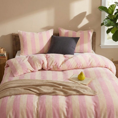 Pink Striped Comforter Set King Size Luxury Velvety Comforter Set Cozy Reversible Fleece Soft & Warm Fluffy Flannel Bedding Set Blush Yellow Stripes Pattern King Bed Set 3 Pcs with Pillowcases