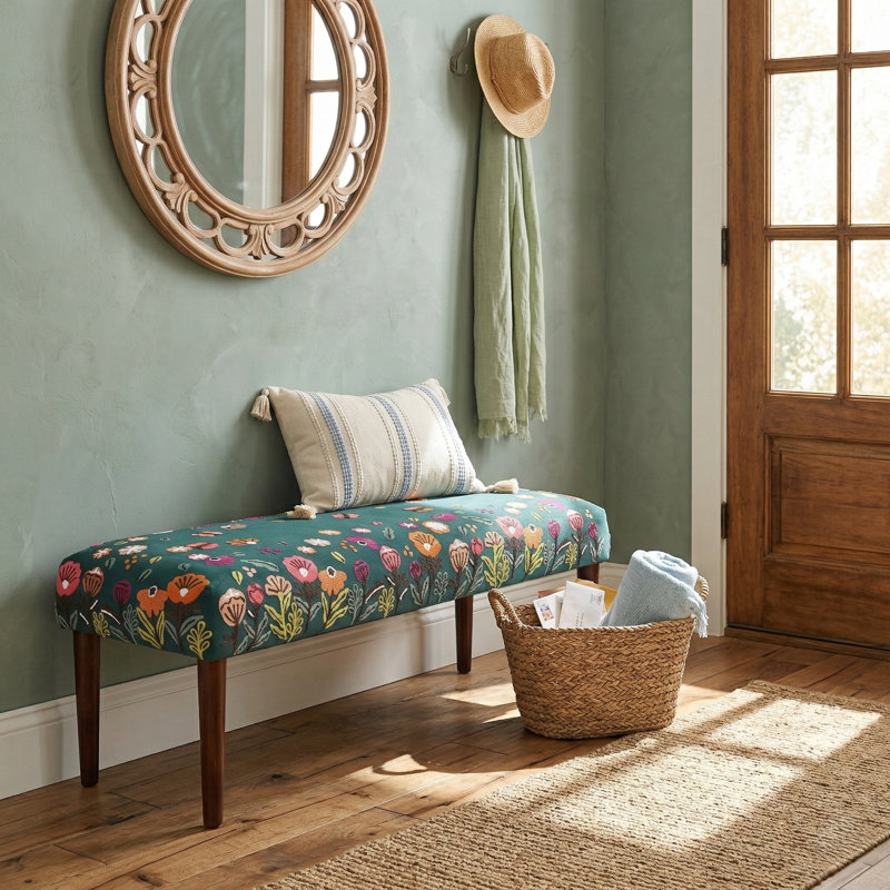 Banc d'appoint rembourré en velours Dahlia, Vert / floral