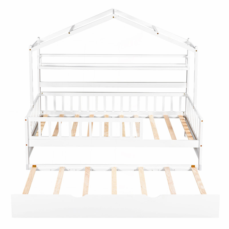 Wooden Twin Size House Bed With Trundle,Kids Bed With Shelf, White, Twin