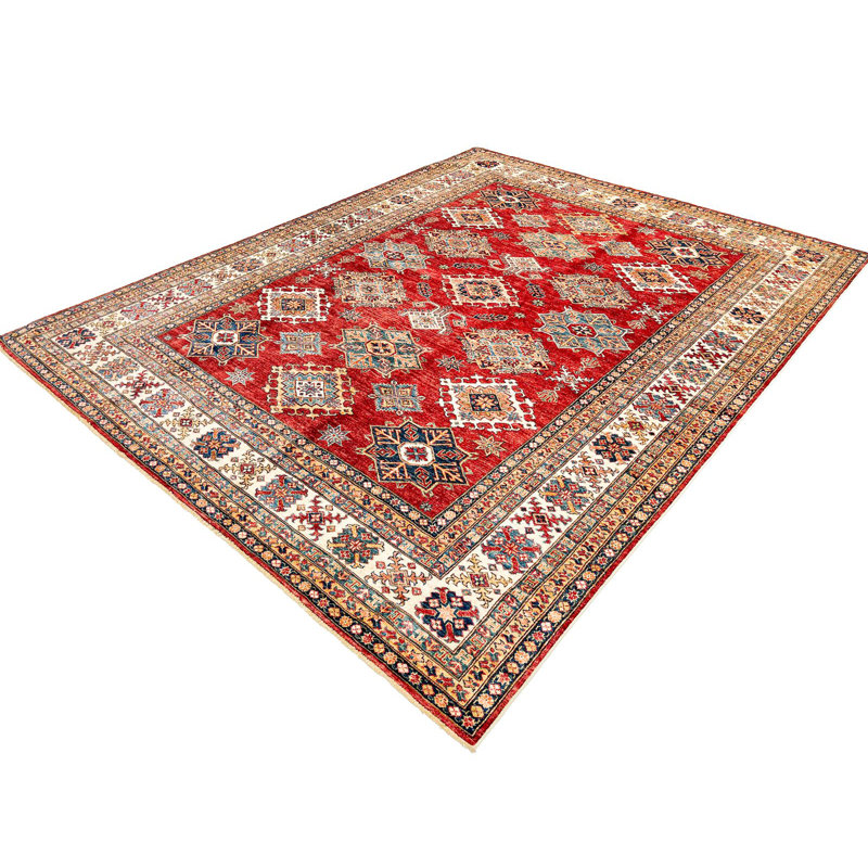 Tapis rétro rouge et ivoire de style tribal anatolien vieilli 8 pi 2 po x 10 pi 3 po