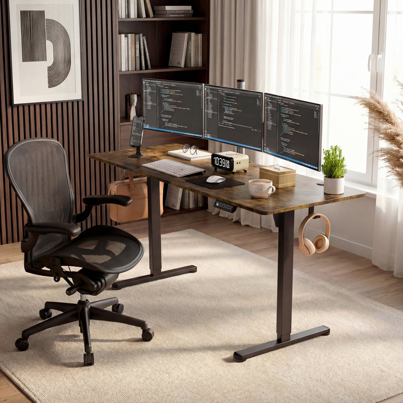 Bureau pour travailler debout électrique à hauteur réglable de 63 pouces, brun, H 48,1 po x l 62,99 po x P 23,62 po