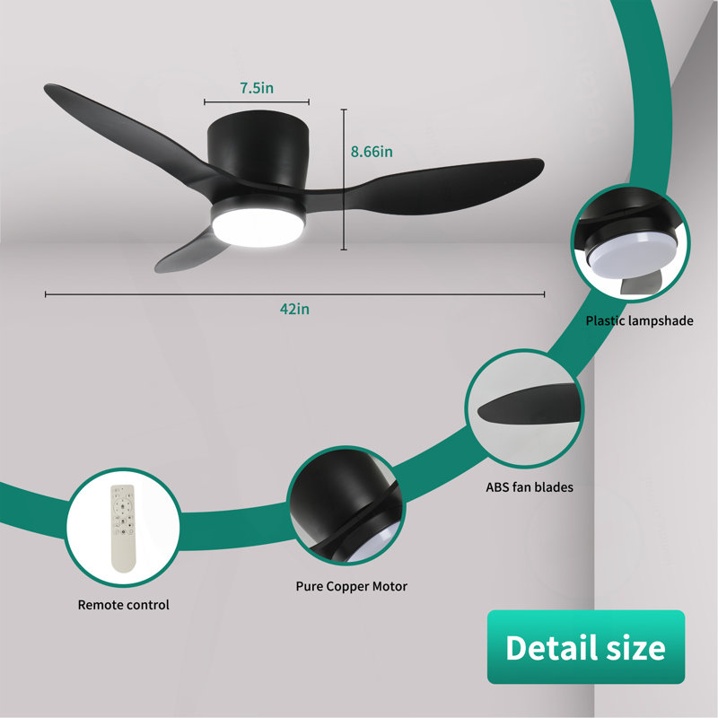 Ventilateurs de plafond encastrés intelligents de 42 po avec éclairage à distance, moteur à courant continu silencieux, ventilateur de plafond intérieur à profil bas pour l'extérieur, commande avec application Alexa WIFI, intensité variable, pales en ABS, pour patio de chambre à coucher moderne