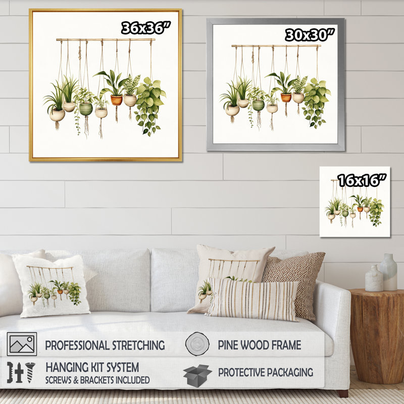 Plantes suspendues aquarelle botanique bohème, H 24 po x l 24 po x P 1 po, Toile tendue