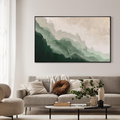 Soothing Abstract Ocean Waves Minimalist Green and Beige Extra Large Framed Wall Art Print Decor (Frame Assembly Required)