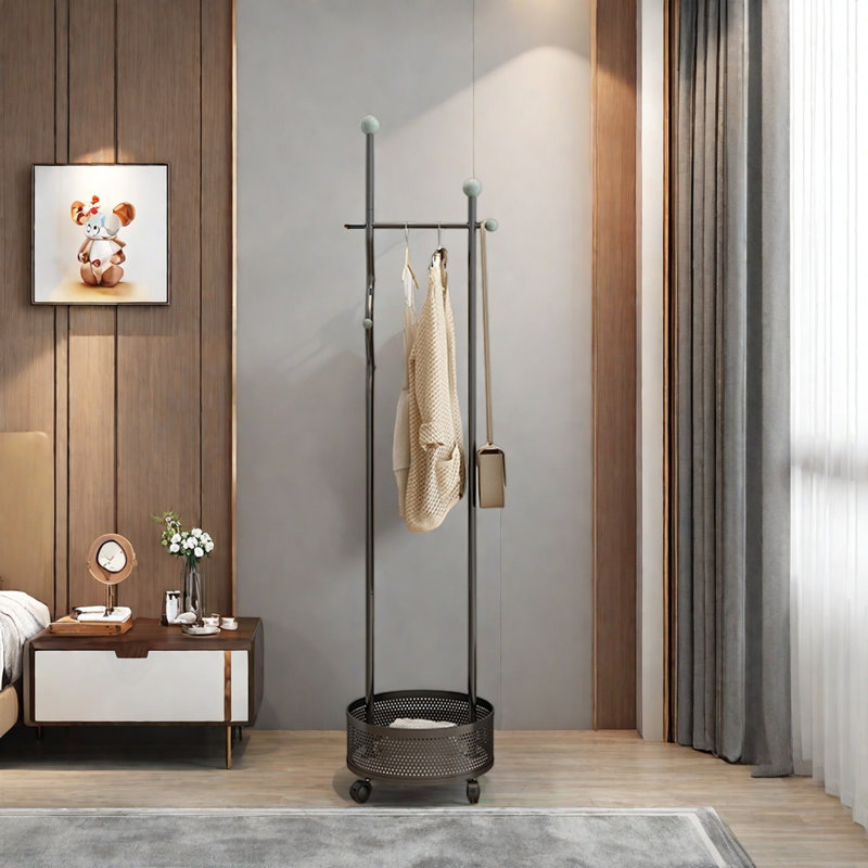 Hook Coat Rack with Lockable Wheels & Storage, Ivory