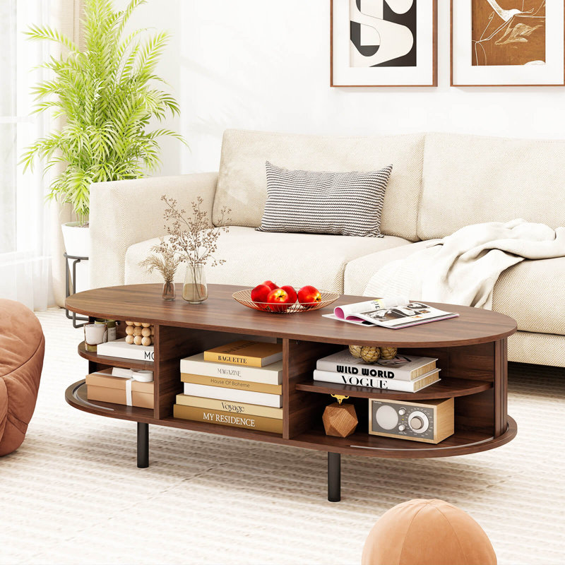 Table centrale 48 "Mid Century avec portes cannelées coulissantes et compartiment ouvert