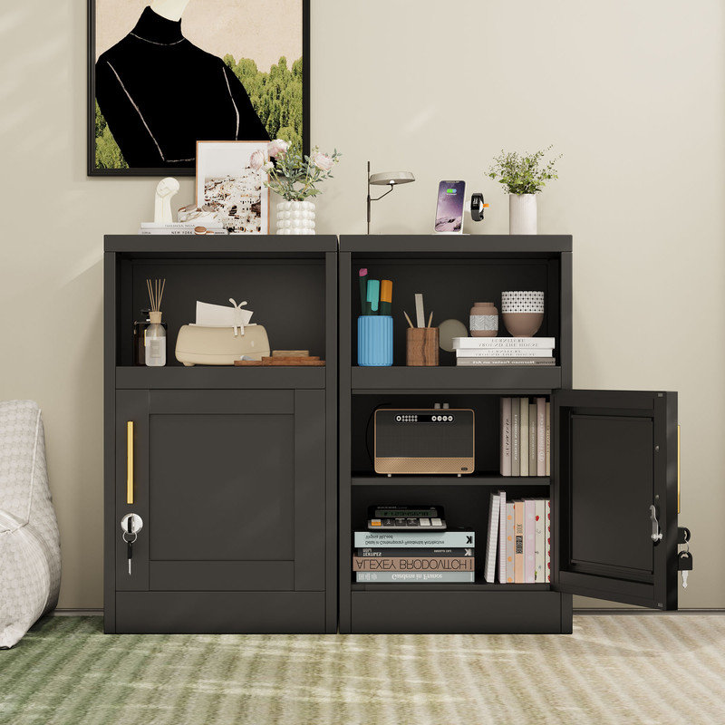 Table de chevet moderne 27,56 "en métal noir avec portes verrouillables, Noir