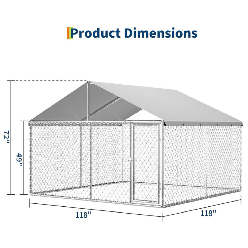 Outdoor Dog Kennel with Waterproof & UV-Resistant Cover, Galvanized Dog Enclosure, Large Dog Kennel for Outside Backyard Farm Use, 10x10x6ft