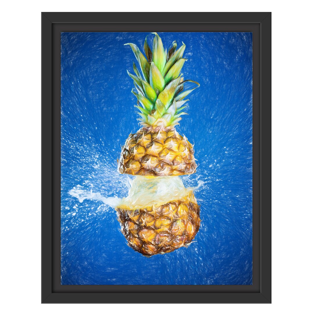 Gerahmtes Wandbild Ananas mit Wasser bespritzt