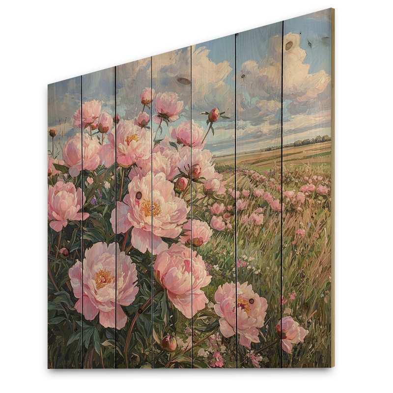 Peonies At The Farms Edge I - Peonies Wood Wall Decor - On Natural Pine Wood, 15" H x 15" W x 0.78" D