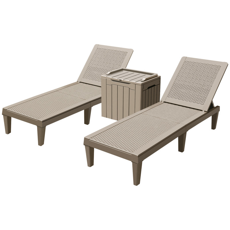 Chaise longue inclinable d'extérieur 3 pièces avec table / boîte de rangement, Gris