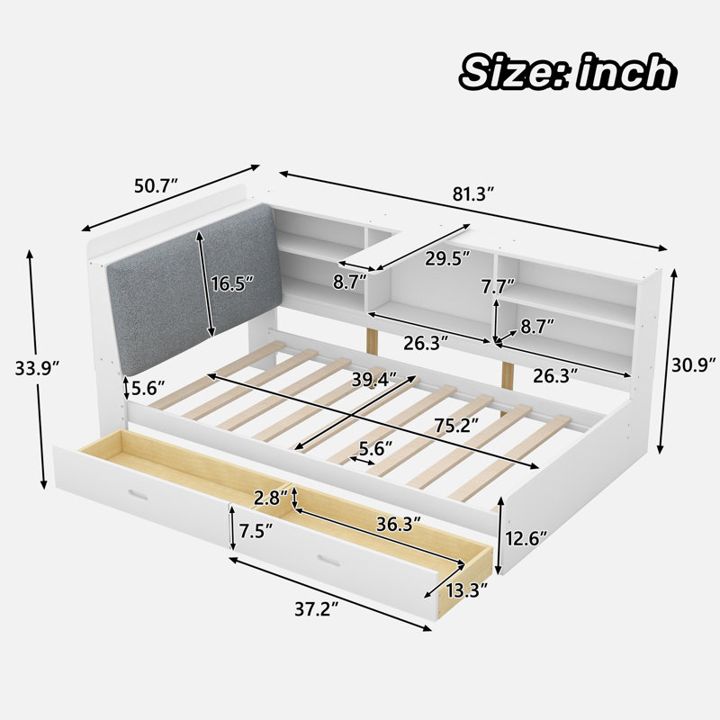 Lordina Bed with Upholstered Storage Headboard, Side Shelves and A Rotating Board, White