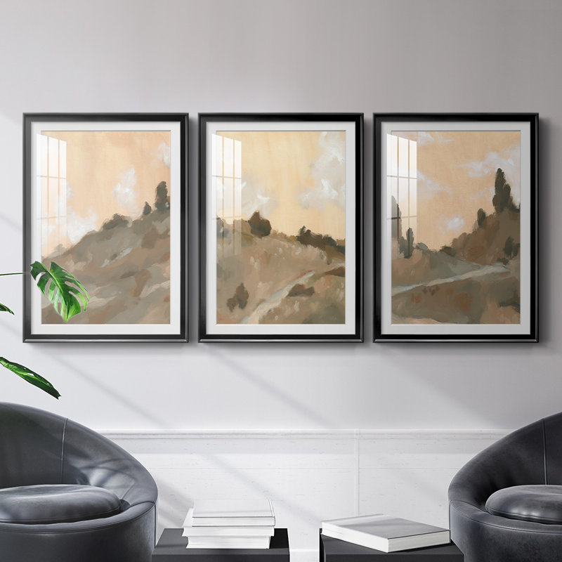 Hillside Walking Path III - Matted and Framed Under Acrylic Glass, Set of 3, Large Living Room Wall Art, Black Framed
