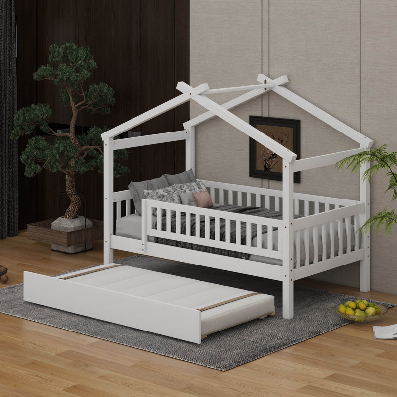 Wooden House Bed With Trundle, Lit simple, Blanc