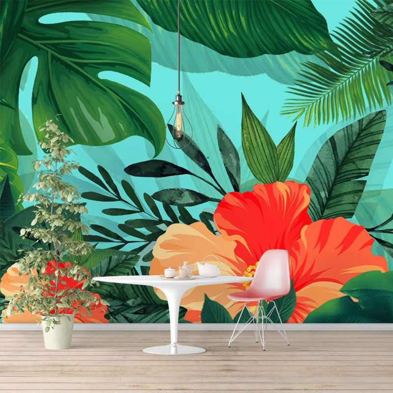 Orange Hibiscus in the Jungle Wall Mural, 100" L x 144" W