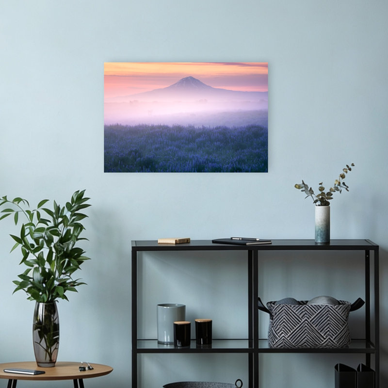 Pink Sky Mountain Mist Colorful Dreamy Ethereal Flower Landscape Wall Art Print 1 Piece Wrapped Canvas Wall Art