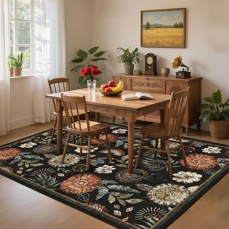 Farmhouse Floral Rug 5x7 Washable Rug for Living Room, Non Slip Non Shedding Carpets, Soft Thin Non Shedding Floor Covering, Low Pile Foldable Printed Mats for Bedroom Nursery, Black