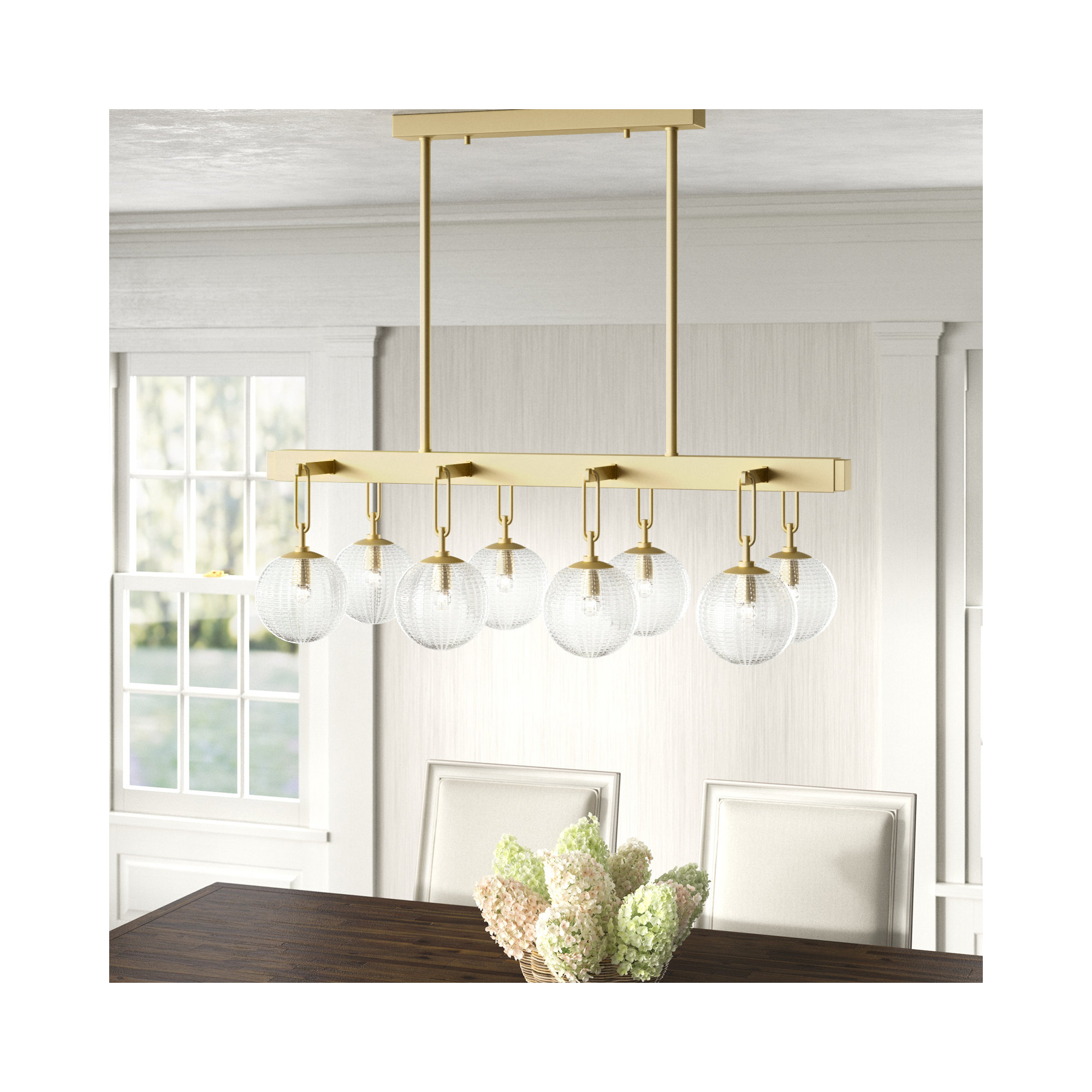 8 Light Glass Dimmable Pendant, Aged Brass