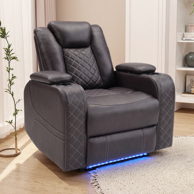 Fauteuil inclinable électrique de cinéma en cuir végétalien de 36,2 po de largeur avec porte-gobelet, charge USB et rangement
