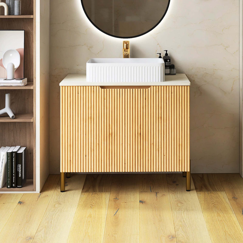 Meuble-lavabo autoportant avec lavabo et portes en céramique, comptoir blanc Carrara, Orange