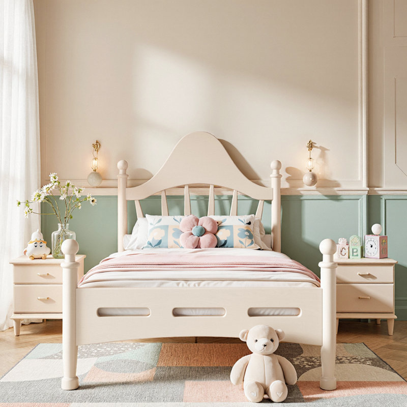 Lit plateforme en bois massif avec tête de lit courbée chic, cadre de lit à profil bas, Lit simple, Beige