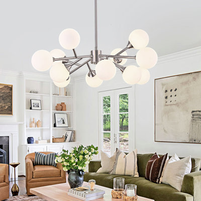12 Lights Brushed Nickel Sputnik Chandeliers for Dining Room Light Fixture Over Table, Modern White Glass Globe Chandelier Lighting Fixtures for Living Room Bedroom Kitchen Island