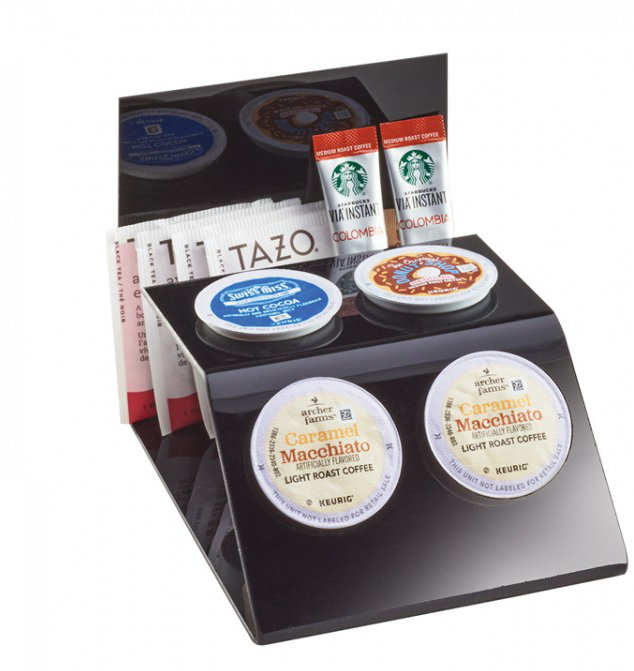 4 Slot Black Single Serve Plastic Coffee Pod and Packet Organizer - 6 3/4" X 5" X 5"