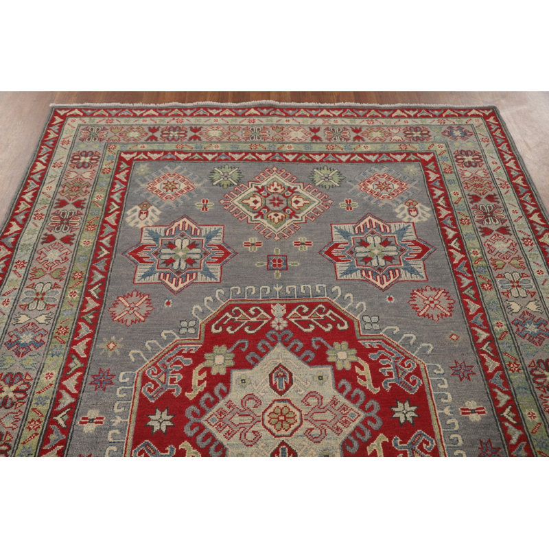 Tapis oriental gris à motif géométrique Kazak 8