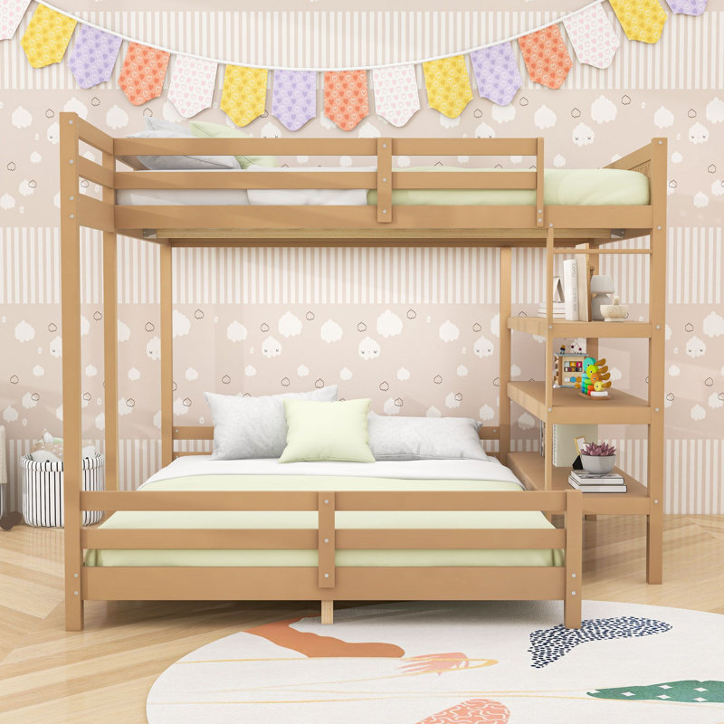 Wood L-Shaped Bunk Beds with Integrated Storage Shelves and Side DIY Grid Pegboard, Brown