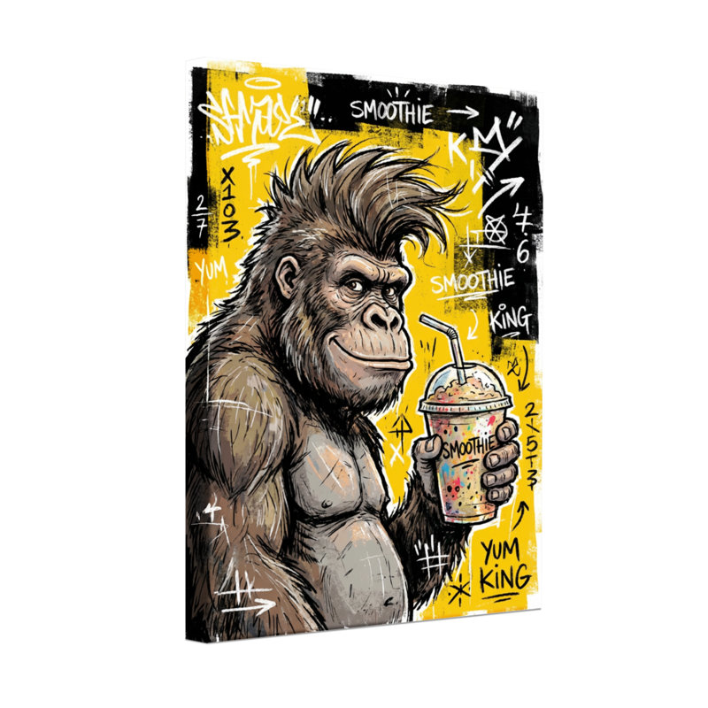 Animaux, gorille tenant un smoothie sur fond graffiti, H 18 po x l 12 po