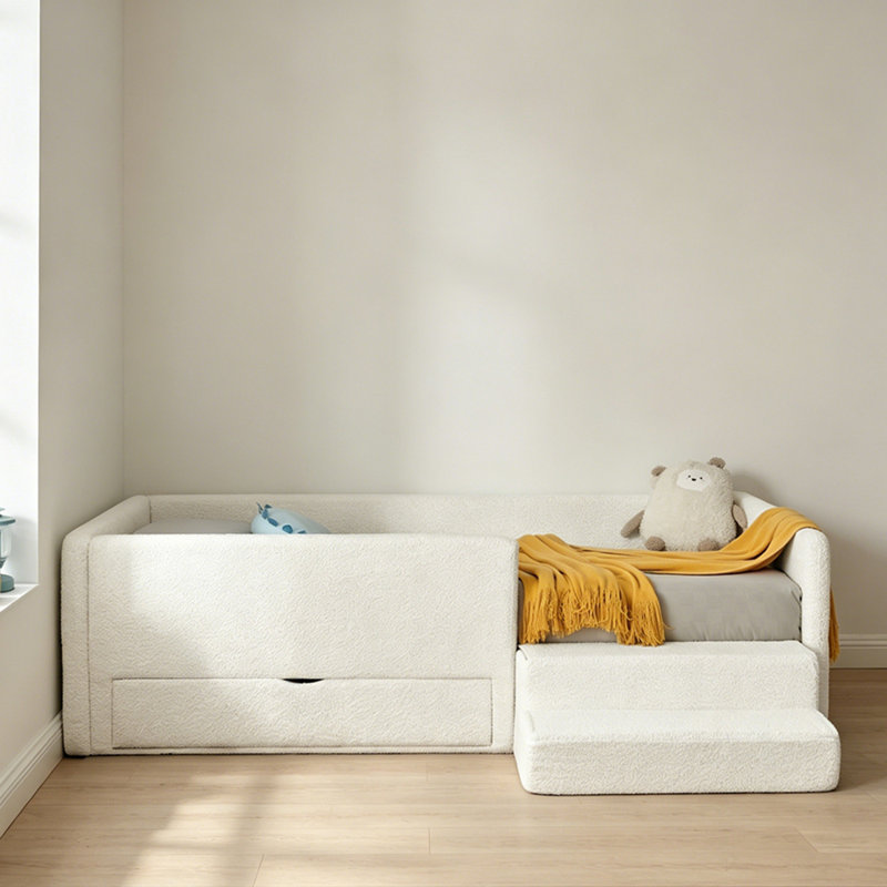 Lit simple pour enfant avec garde-corps et rangement, lit simple avec escabeau de sécurité, tissu Boucle, Beige